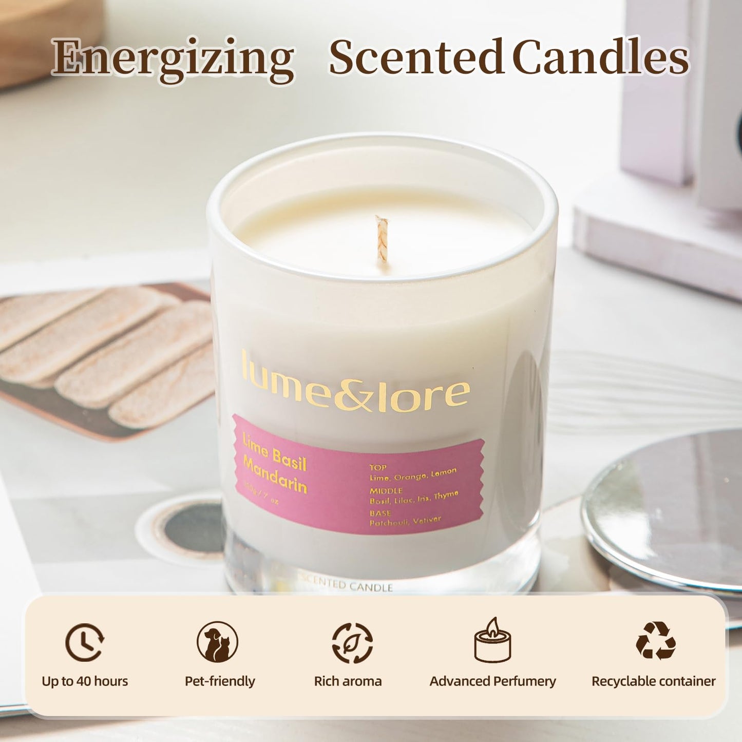 Lime Basil Mandarin Scented Candle - 7oz Natural Soy Wax, Energizing Citrus Aroma for Kitchen & Morning Routine