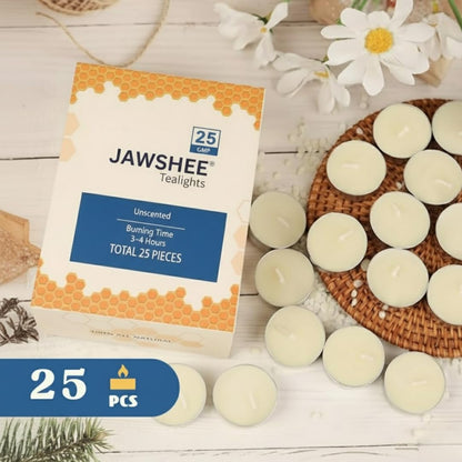 JAWSHEE Tealights, Pack of 25 Unscented Tealight Candles, with 3-4 Hours Burning Time, Odorless, Smokeless and Dripless Decorative Candles
