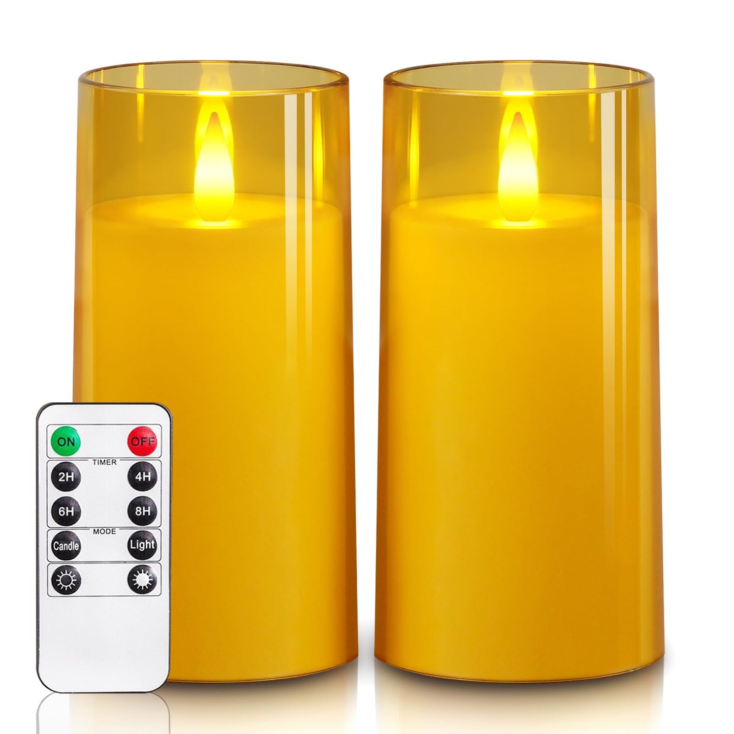 Homemory Realistic Flickering Flameless Candles, Battery Operated Candles, LED Fake Electric Candle with Remote Control and Timer for Home, Christmas Decoration, Gold, Set of 2 (H 6" 6")