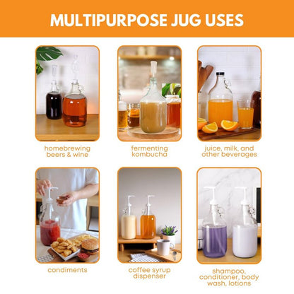 FastRack 1 Gallon Glass Jug with Black Polyseal Caps, 6.5G Rubber Bungs & Twin Bubble Airlocks – Fermentation Jars for Home Brewing, Clear Glass Fermenter Containers for Liquid Fermentation