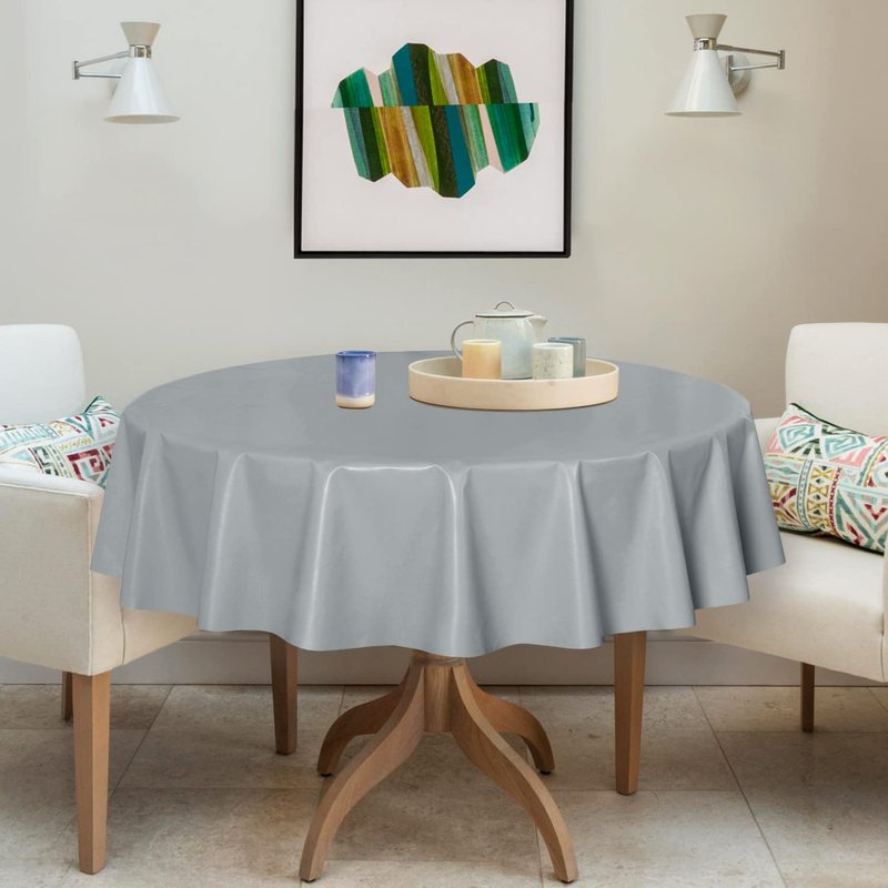 sancua 100% Waterproof Round PVC Tablecloth - 60 Inch - Oil Proof Spill Proof Vinyl Table Cloth, Wipe Clean Table Cover for Dining Tables, Buffet Parties and Camping, Silver Grey