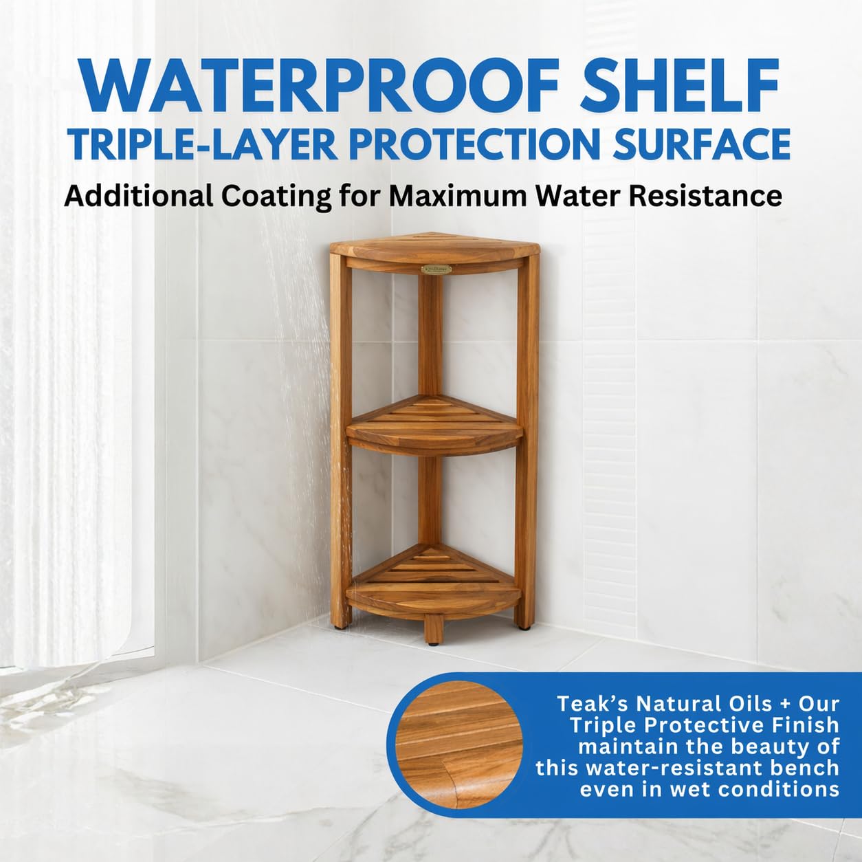 EcoDecors Snazzy Corner Gold 3 Tier Corner Shelf FSC Teak Wood Bathroom Shelf Natural Water Resistant Spa Shower Organizer for Bathroom Sauna Bath Storage 17 x 12 x 32 in