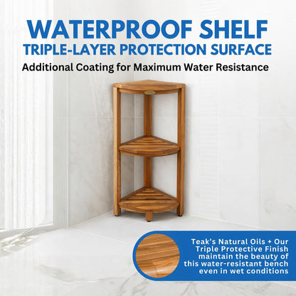 EcoDecors Snazzy Corner Gold 3 Tier Corner Shelf FSC Teak Wood Bathroom Shelf Natural Water Resistant Spa Shower Organizer for Bathroom Sauna Bath Storage 17 x 12 x 32 in