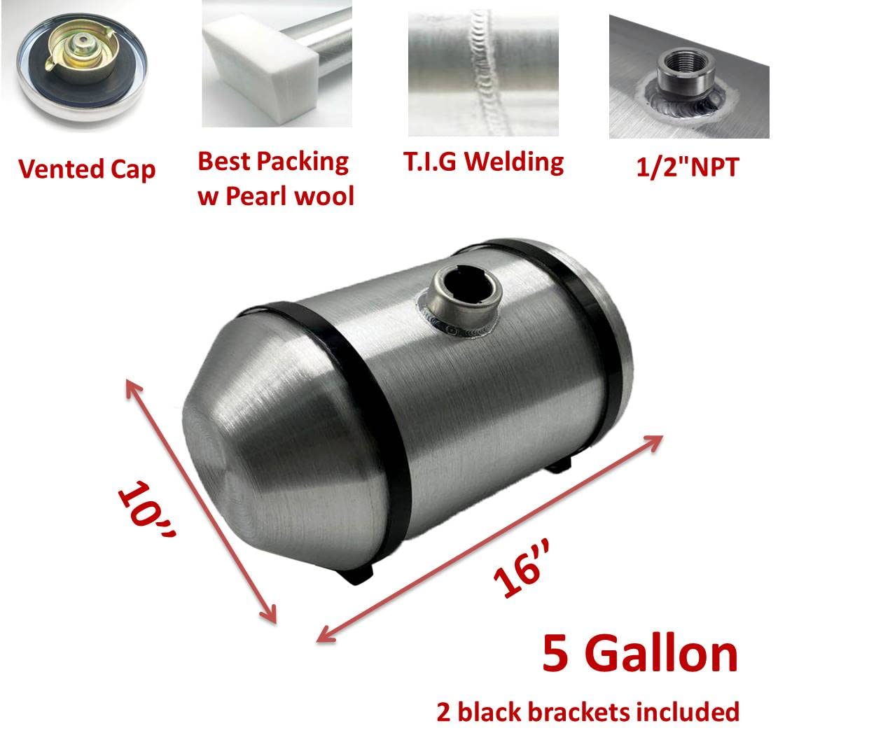 JSD 5 Gallons 10" x16" Aluminum Spun Round Gas Tank Center Fill 1/2" NPT Outlet for Trike Tractor Boat Jet ski