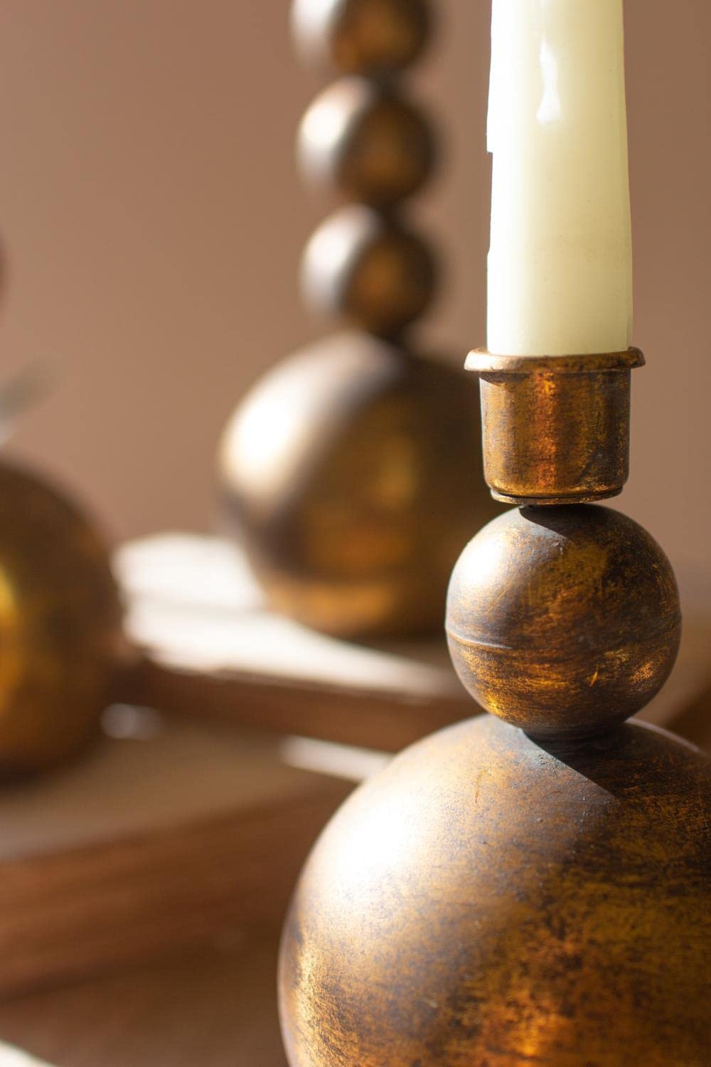 KALALOU CLL2695 Antique Brass Taper Candle Holders - Decorative Stacked Sphere Design, 11.5 in Height, Set of 3