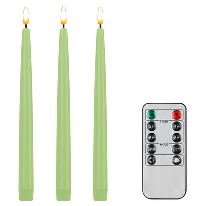 CVHOMEDECO. Flameless Taper Candles with 10-Key Remote, Battery Operated Led Flickering 3D Wick Window Candles Real Wax Finished Home Christmas Party Decor 0.78 x 11 Inch, Pack of 3, Light Green