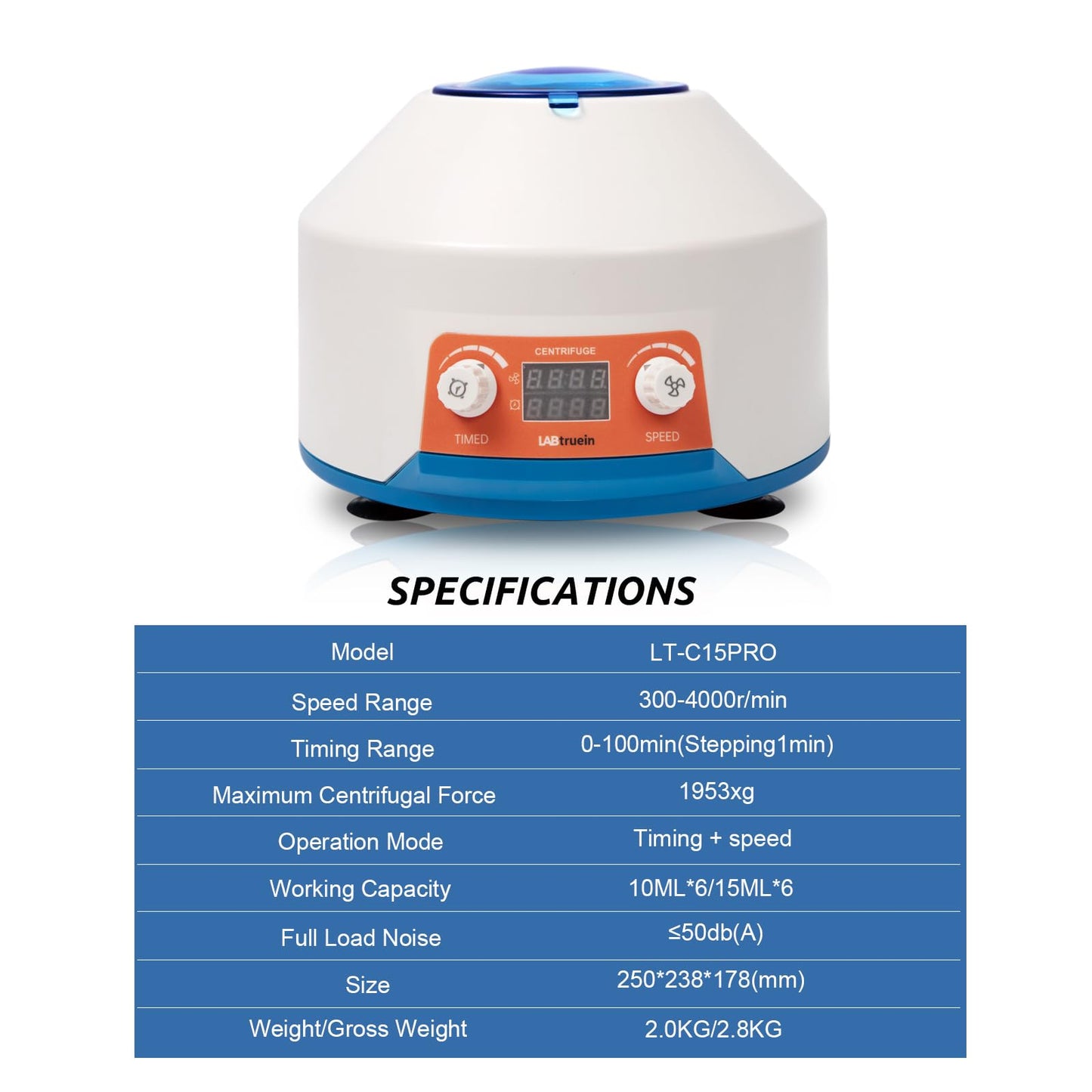 LABTRUEIN Centrifuge Machine, Lab LED Display Digital Betchtop Centrifuges with Timer & Speed Control - Low Speed,4000 RPM, Centrifuge Tubes Capacity 5ML/10ML/15 ML x 6