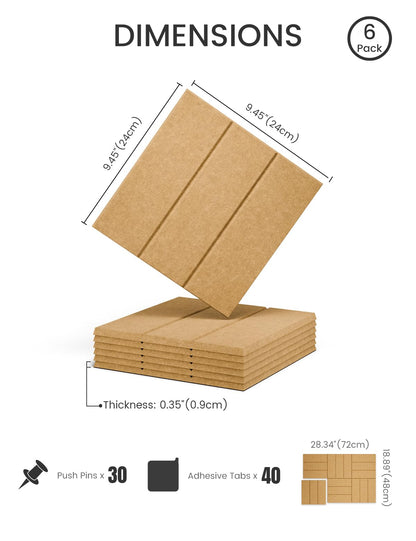 Felt Bulletin Board Tiles -28"x18" with 40 Adhesive Tabs, Cork Board Alternative for Office Decor, Push Pin Board Wall Organizer 6-Pack (Longan Tan)
