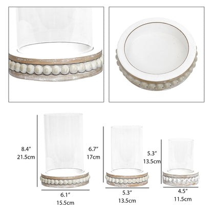 SWALLOWLIVING Glass Hurricane Candle Holders for Pillar Candles - Farmhouse Rustic Distressed White, Set of 3 with Wood Beaded Base