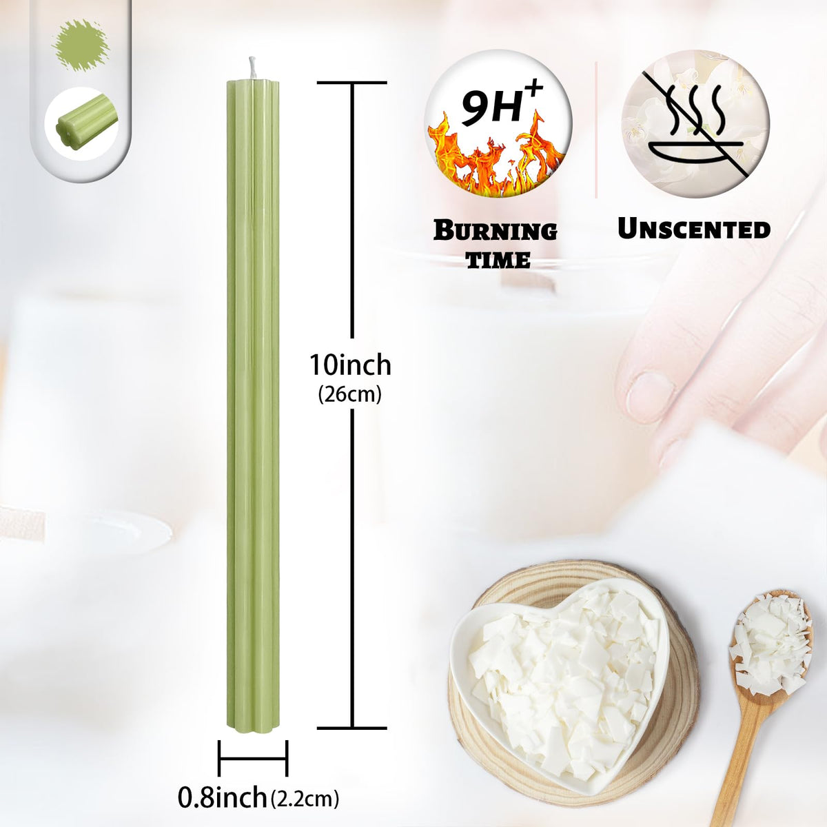 Dripless Taper Candles Unscented Grass Green Long Taper Candles Smokeless 10 Inch Roman Column Design Dinner Candlesticks for Home Decoration Holiday Gifts (2Pcs)