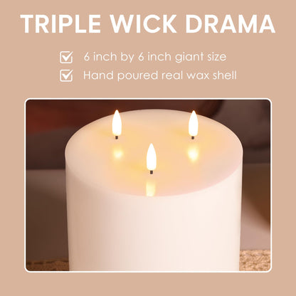 Girimax White 3 Wick Flameless Candle with Remote, 6x6 inch Giant LED Pillar Candle, Battery Operated Real Wax Flickering