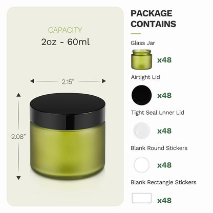 2 oz Small Glass Jars with Lids, Bumobum 48 pack Round Green Glass Candle Jars with Black Lids, White Labels & Inner Liners, Empty Cosmetic Containers for Cream, Lotion, Slime, Ointment