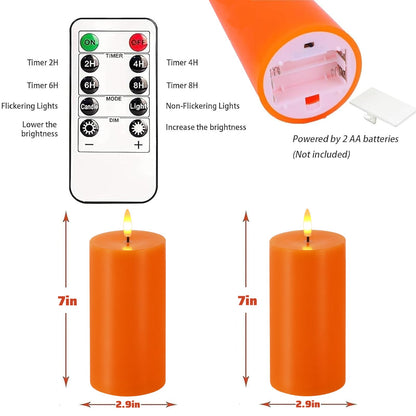 Orange Flameless Candles, Set of 2 7"x3" Flickering LED Candles with Remote & Timer, Dimmable Electric Pillar Candles Battery Operated, Candles Light for Fall Thanksgiving Halloween Decor (Orange)