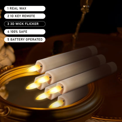 KSWING Upgraded Real Wax Short LED Flameless Taupe Taper Candles with Remote, 6 PCS Candlesticks Battery Operated 3D Flickering- 6" Realistic Fake Candle Sticks for Home/Wedding/Fireplace Xmas Decor