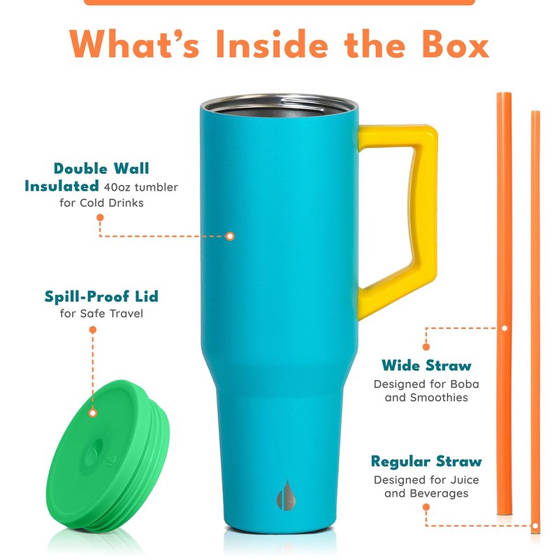 Elemental 40 oz Tumbler with Handle and Straw - Spill Proof Insulated Stainless Steel Commuter for Cold Beverages - Travel Coffee Mug with 2 Straws & Spill Proof Lid - 40oz- Blue Lagoon
