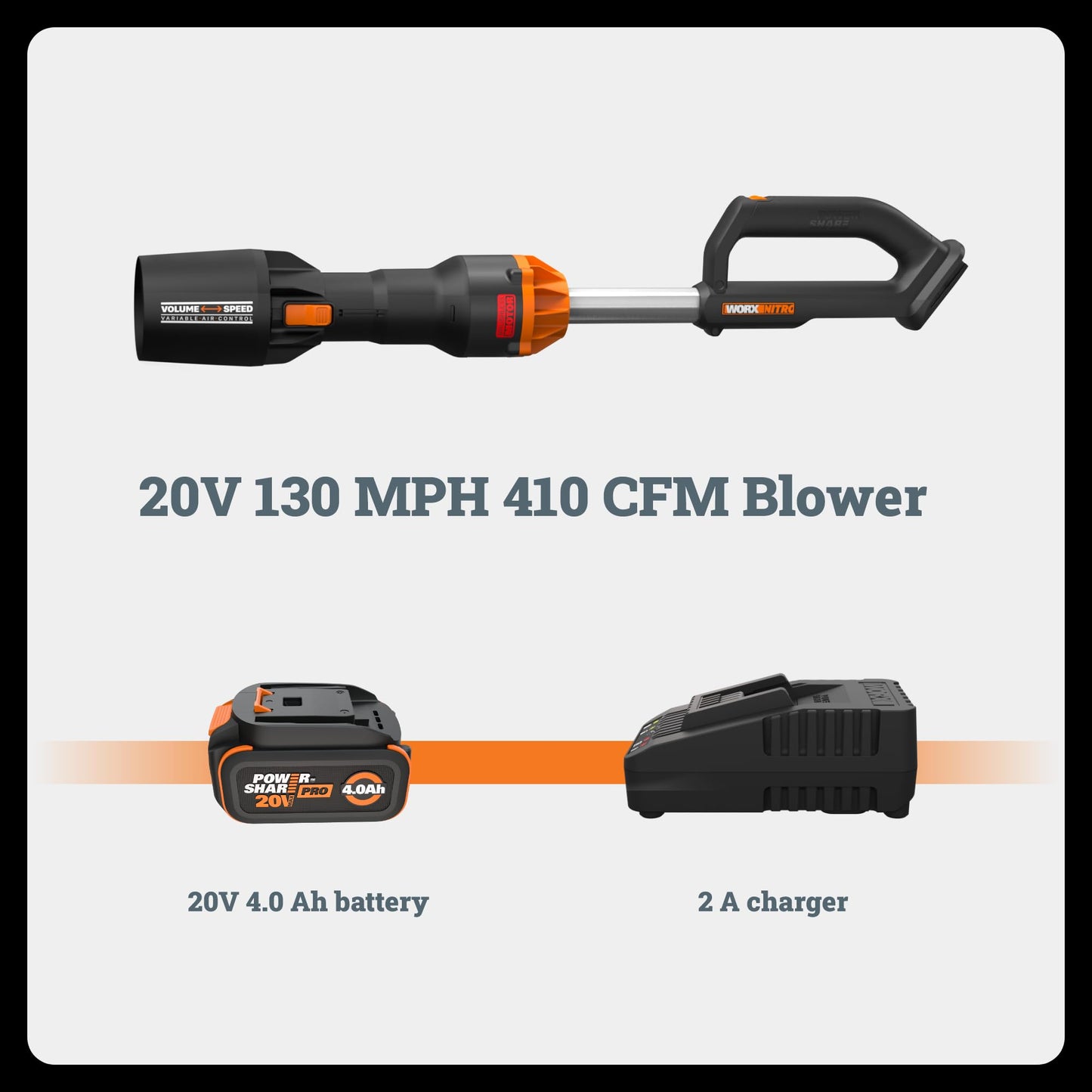 WORX Nitro Cordless Leaf Blower, Electric Blower with 410 CFM & 130 MPH, Blowers for Lawn Care with 2.3 LBS, Battery & Charger Not Included, WG543.9