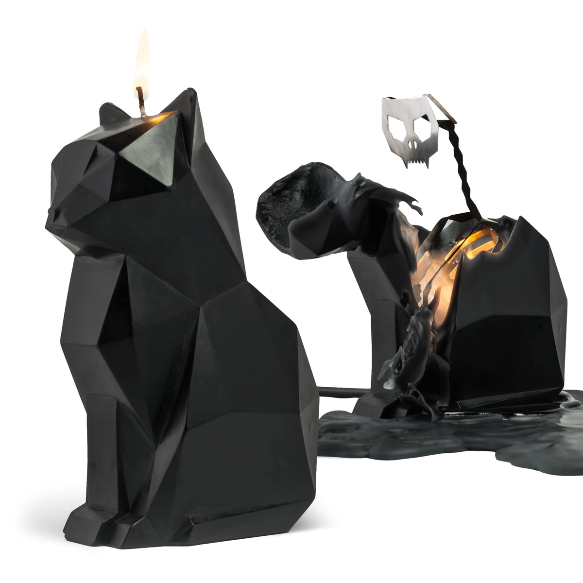 Pyropet Kisa Cat Candle with Skeleton Inside, Black, 20 to 25 Hour Burn, 6.7 x 2.9 x 4.5 in Sculptural Geometric Kitty and Creepy Cute Décor, Unique Melting Christmas Gift for Cat Lovers
