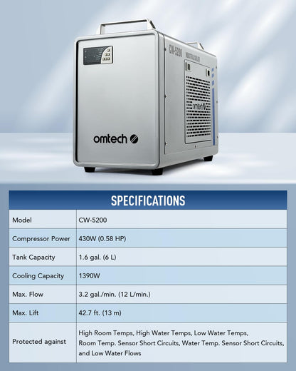 OMTech 6L CW-5200 Water Chiller for Laser Engraver & Cutter, Industrial Water Chiller for CO2 Laser Engraving & Cutting Machine, 0.58hp 3.2 gpm Laser Chiller Water Cooling Machine for Laser Cutter
