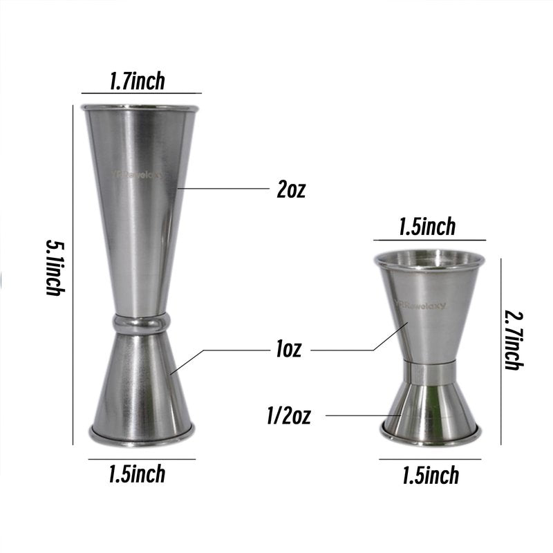 YR Rowelaxy cocktail jigger，double-sided jigs made of stainless steel, 1 oz&1/2 oz （2PCS） Precise Bartender Tool for Cocktail Shaker Sets,jigger for bartending, Home Bars & Mixology