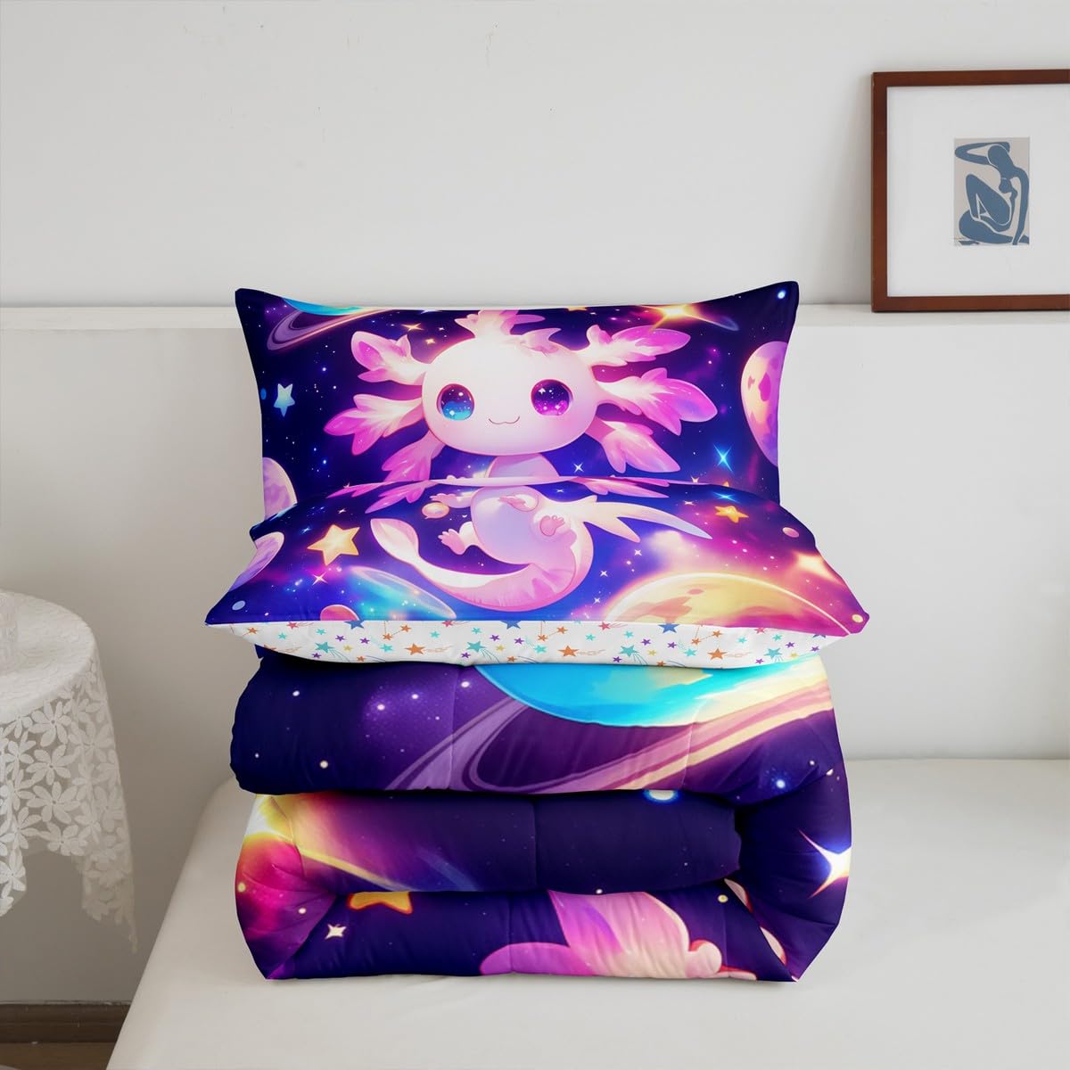Erosebridal Axolotl Quilt Queen Size for Kids Boys Girls,Galaxy Planet Space Bedding Set Cartoon Animal Comforter Set Purple Dreamy Starry Bedding Comforter Sets