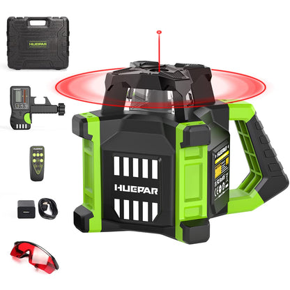 Huepar Electronic Self-Leveling Rotary Red Laser Level Kit - 360 Horizontal Laser Beam Interior/Exterior Rotating Laser Level Tool with Receiver, Protective Glasses, Hard Case RL300HR