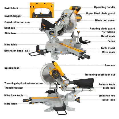 Hoteche 10-Inch Miter Saw 15A Sliding Compound Single Bevel Chop Saw with Laser Guide and TCT Saw Blade for Wood and Metal Working