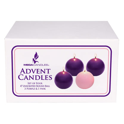Mega Candles 4 pcs Unscented Christmas Advent Candles Set, Hand Poured Premium Wax Round Ball Candle 4 Inch Diameter, Holidays, Festivities, Devotional, Church, Wreath, Party, Gifts
