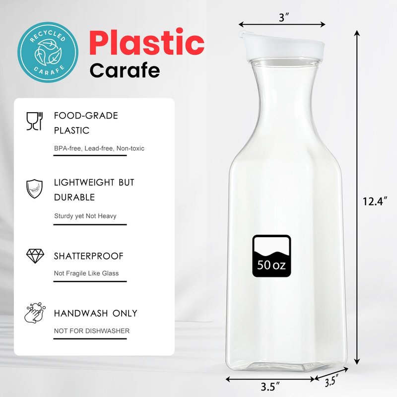 Plastic 4 Pack Large 50 Oz Water Carafe with Flip Top Lid, Square Base Juice Containers, Clear Plastic Pitcher - for Water, Iced Tea, Juice, Lemonade, Milk, Cold Brew and Mimosa Bar - HAND WASH ONLY