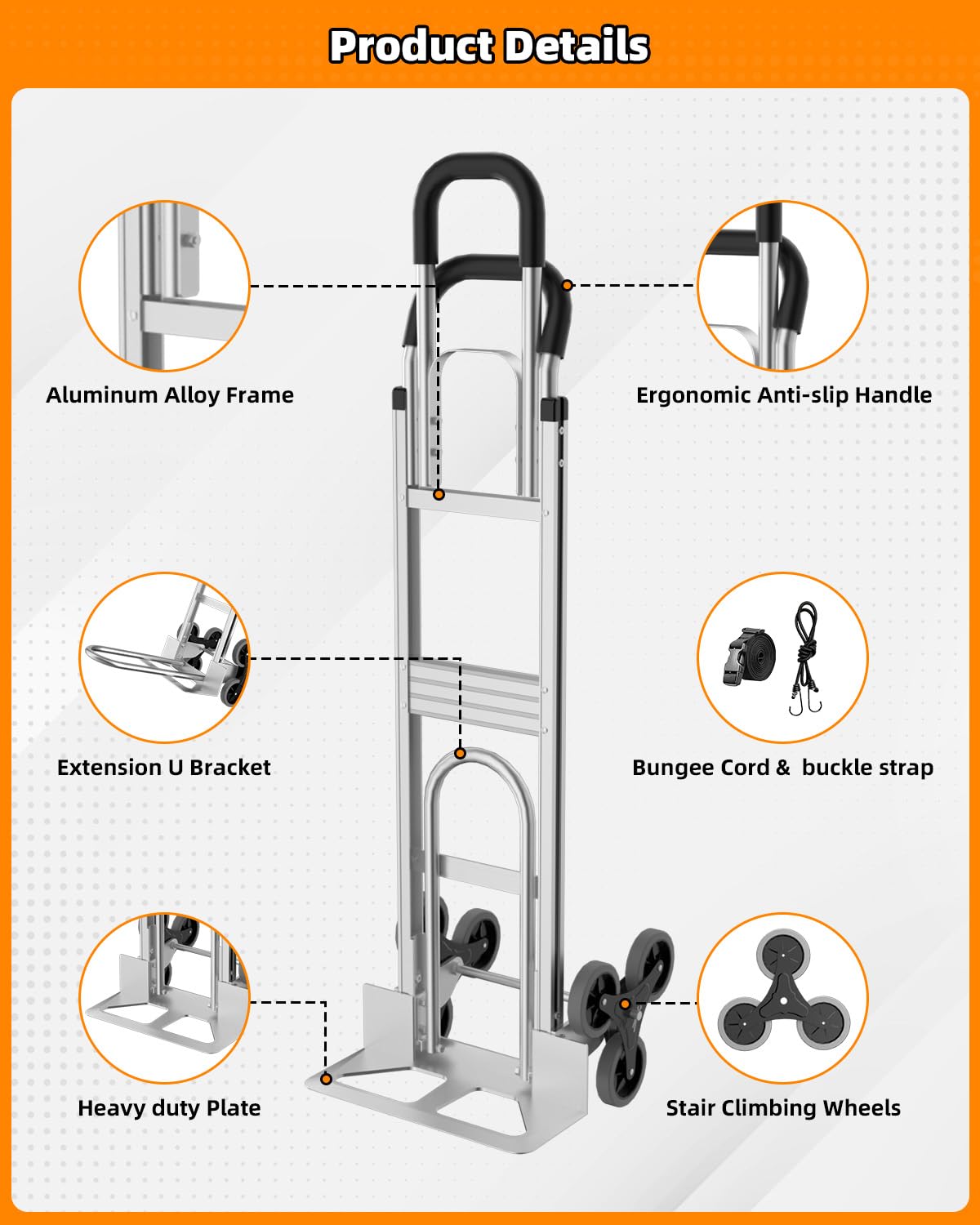 Aluminum 2 in 1 Hand Truck Dolly Cart with 6 Wheels, 600 Lbs Capacity, Heavy Duty Stair Climbing Dolly with Dual Handles, Bungee Cord & Strap for Flat Ground & Stairs, Warehouse, Home, Office, Silver