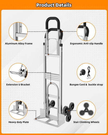 Aluminum 2 in 1 Hand Truck Dolly Cart with 6 Wheels, 600 Lbs Capacity, Heavy Duty Stair Climbing Dolly with Dual Handles, Bungee Cord & Strap for Flat Ground & Stairs, Warehouse, Home, Office, Silver