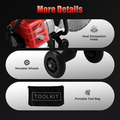 16In Gas Concrete Saw,1400w Concrete Gas Powered Cut-Off Saw with Blade and Directional Wheel, 2-Stroke 52cc Engine Cement Masonry Wet Dry Machine,4" Cut Depth,Motor Circular Cutter For Stone, Brick