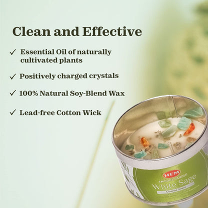 HEM White Sage Candle with Crystals & Sage Leaves – 9.5oz Natural Soy Wax, 65 Hrs Clean Burn | Earthy Smudge Candle for Cleansing, Meditation & Relaxation | Long Lasting Spiritual Gift (Pack of 3)