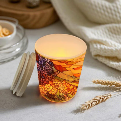 Stained Glass Cat Tea Light Candle Holders, Country Wildflowers Tealight Candle Holder Jar with Wooden Lid, Pastoral Votive Candlesticks for Table Centerpieces, Christmas,Birthday Party