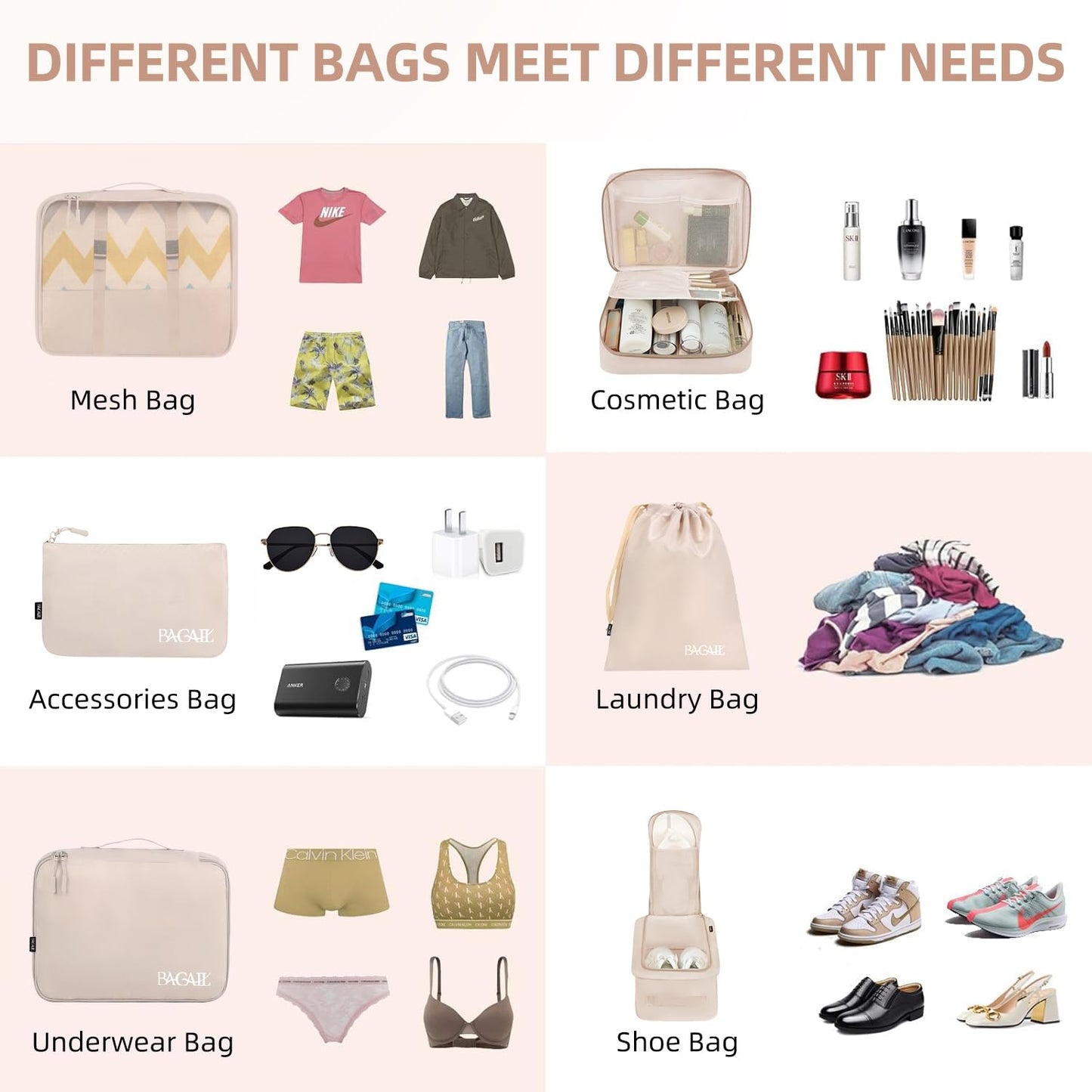 BAGAIL 8 Set Packing Cubes Luggage Packing Organizers for Travel Accessories-Cream