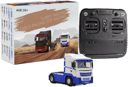 Turbo Racing 1/76 RC Semi Truck 2.4GHz 3CH Electric 4WD Mini Remote Control Tractor Model Desktop Scale Vehicle for Hobbyists (RTR/Blue &amp White)