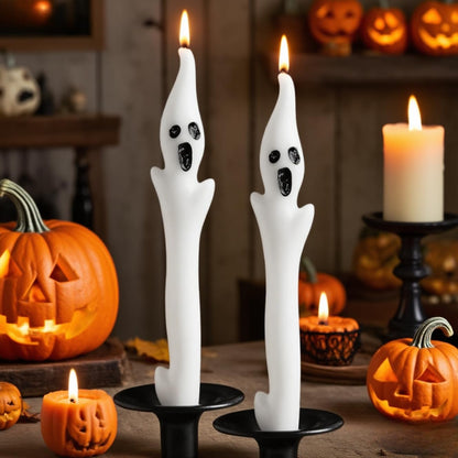 Halloween Ghost Candles Set, Cute Spooky White Taper Candles with Ghost Face for Halloween Decorations, Haunted House, Party Table Centerpiece, Gothic Home Decor, Trick or Treat Supplies (2PCS)