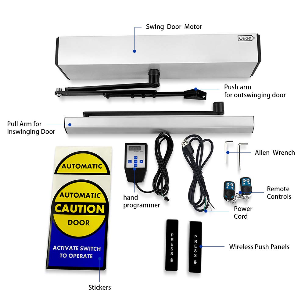 Olideauto Wireless Push Open Commercial Hospital/Home/Office/Shopping Mall Swing Door Opener for Max Door Weight 264lbs with Wireless Slimline Push Buttons