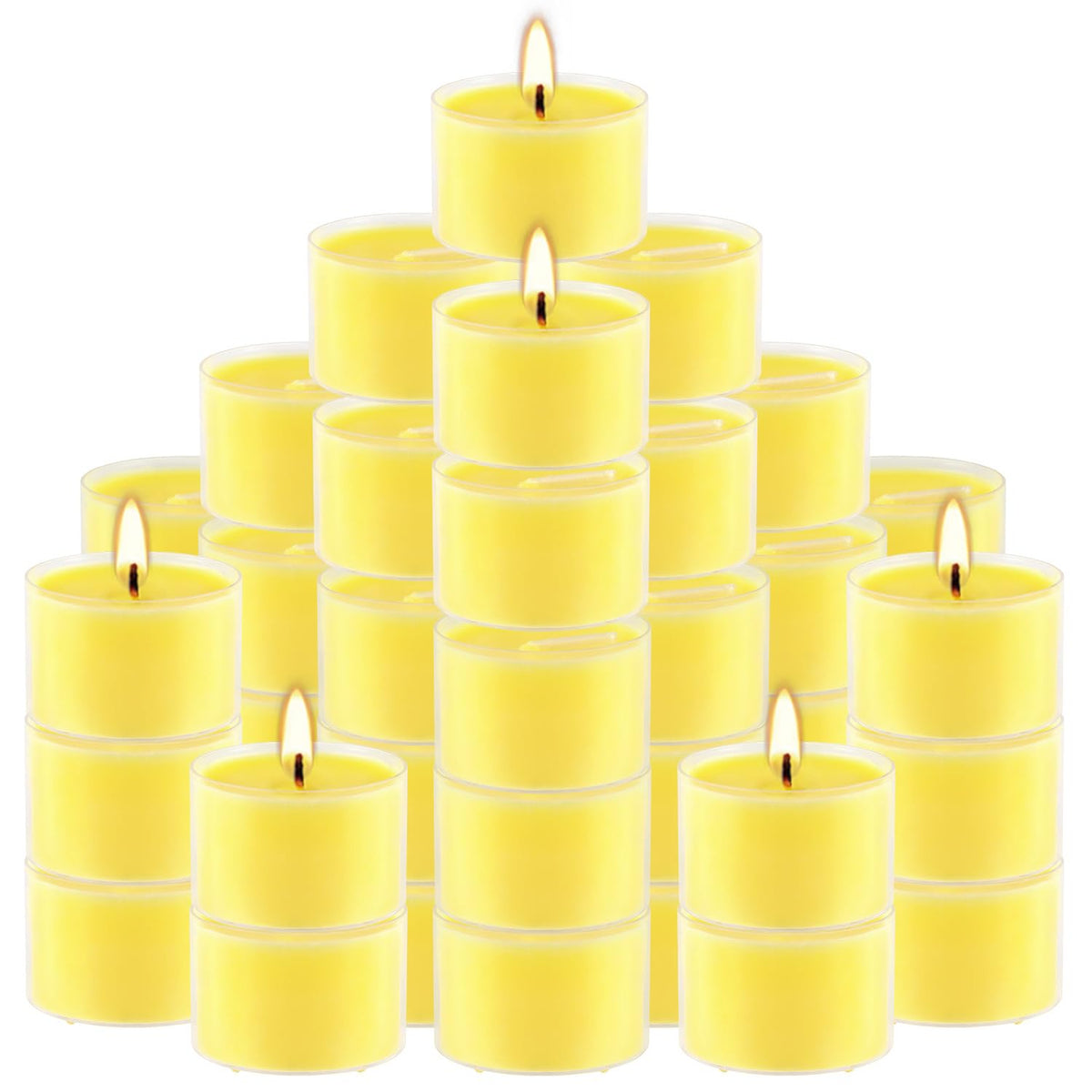 50 Pack Clear Tea Lights Candles Bulk, Summer Citronella Candle Outdoor and Indoor, for Birthday Emergency Home Garden(8 Hour, Yellow)