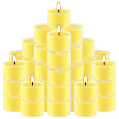50 Pack Clear Tea Lights Candles Bulk, Summer Citronella Candle Outdoor and Indoor, for Birthday Emergency Home Garden(8 Hour, Yellow)