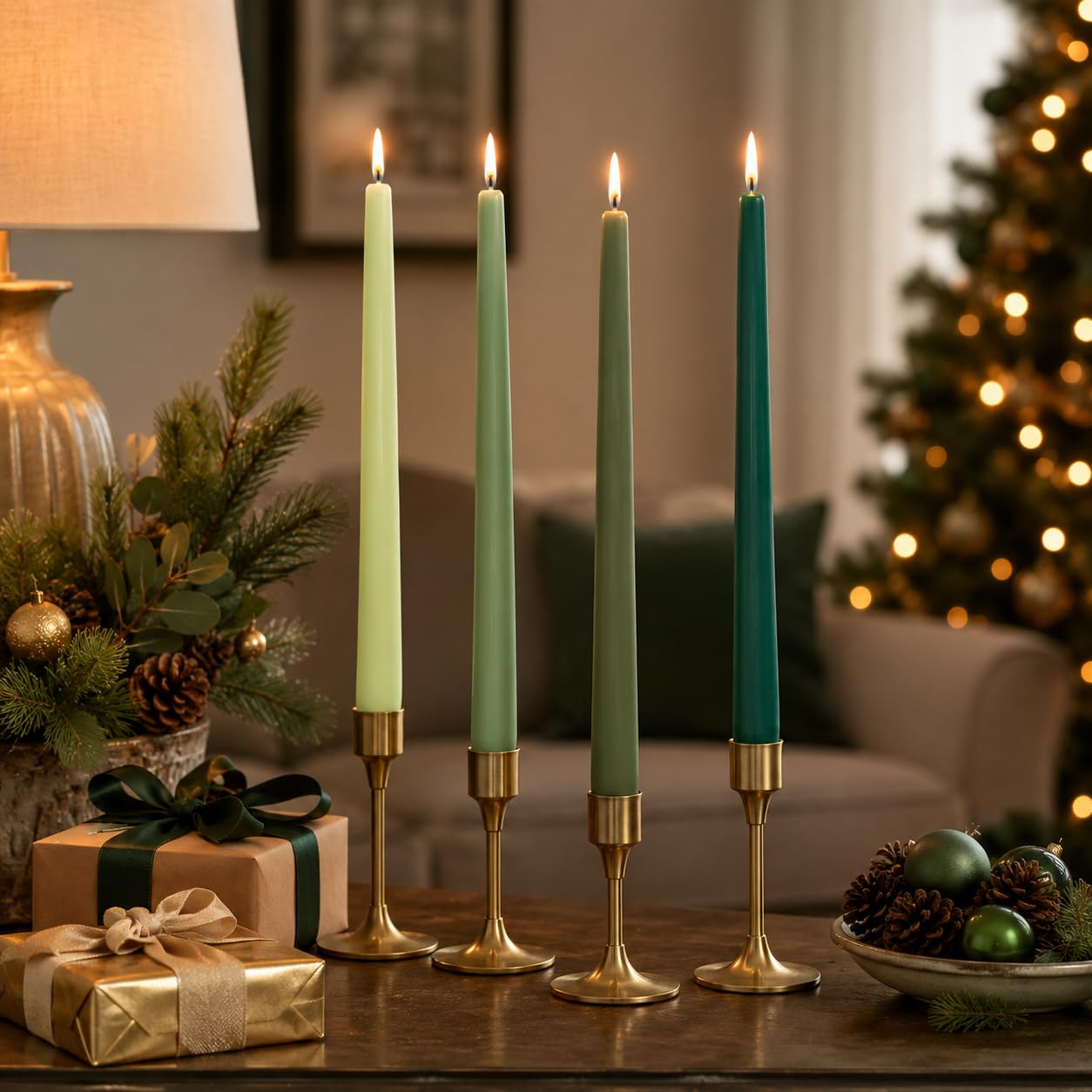Sage Green Taper Candles Set of 4, 10 Inch Handmade Candle Stick, Unscented Candlesticks, Tapered Candles for Wedding Dinner Christmas Table Home Decor