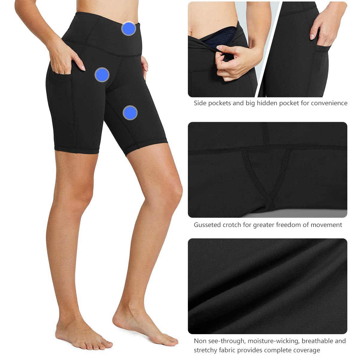 baleaf Biker Shorts for Women Workout Yoga Gym Spandex Athletic Running Volleyball Tummy Control Compression with Pockets 8" Black L