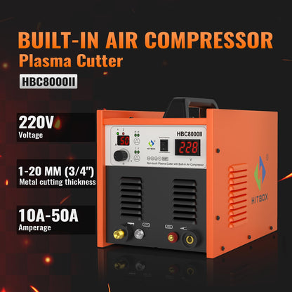 HITBOX Plasma Cutter with Built-In Air Compressor, Non-Touch Pilot Arc 50 Amp 220V Digital Inverter IGBT Clean Cut Plasma Cutting Machine