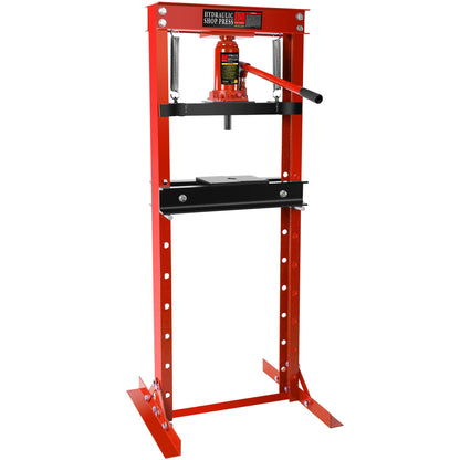 PULLAFUN Hydraulic Press, 12-Ton Benchtop Hydraulic Shop Press with Press Plates, H-Frame Garage Floor Press, Adjustable Working Table Height, Red