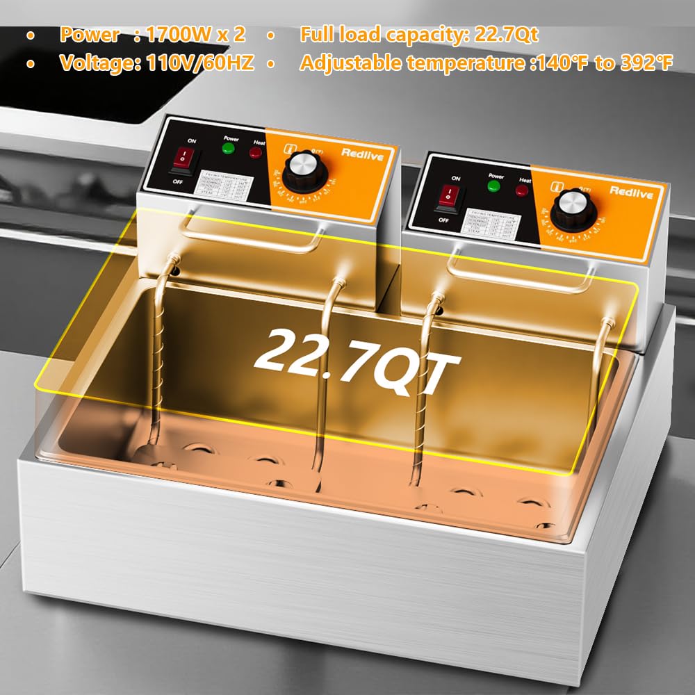 Electric Deep Fryer 3400W Hot 22.6QT/24L Commercial Deep Fryers with 3 Baskets Countertop Oil Fryer for Restaurant Use and Home Kitchen with One - Touch Switch & Temperature Contro