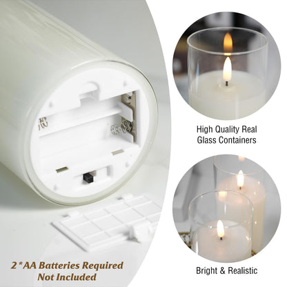Homwamee Flameless Candle in Glass, Flashing LED Pillar Real Wax Fake Candle with Remote Control and Timer, Battery Operated Electronic Candles for Wedding Home Decorations - 3Pack