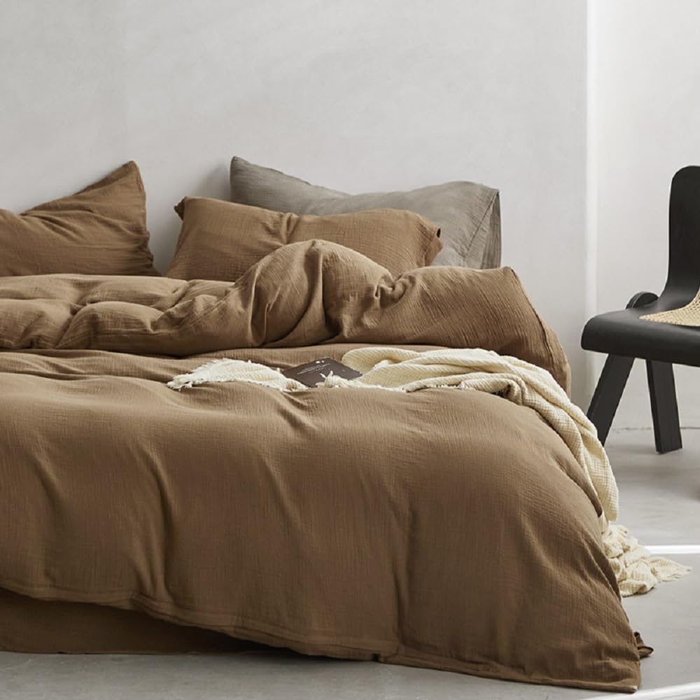 Erwinmu Muslin Duvet Cover Set 100% Cotton Queen Size,Double-Layer Linen Like Gauze Comforter Cover Brown 3 Pieces,Okeo-tex 100 Certified Duvet Cover 90"x90" with 2 Pillowcases for All Season
