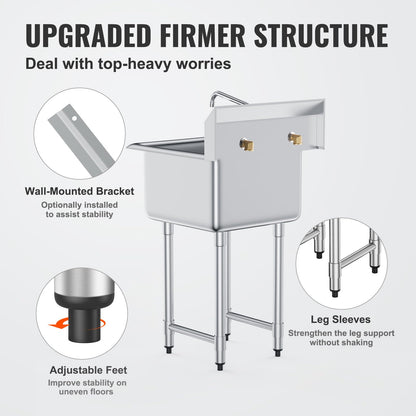 VEVOR Stainless Steel Prep & Utility Sink, 1 Compartment Free Standing Small Sink Include Faucet & legs, 21"x18" Commercial Single Bowl Sinks for Garage, Restaurant, Kitchen, Laundry