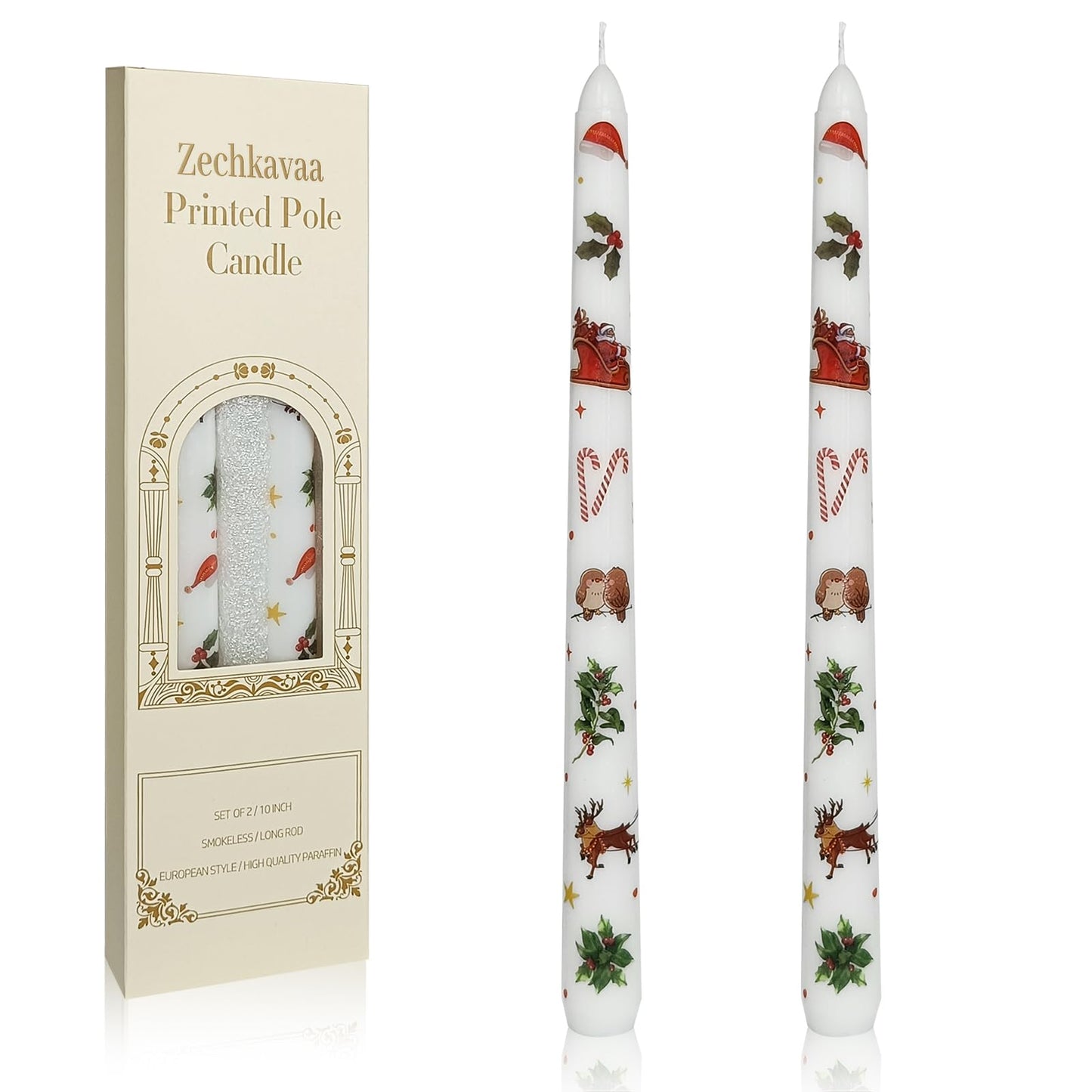 Floral Taper Candles 10 Inch Tall Unscented Handmade Christmas Deer Print Long Burning Elegant Candlesticks for Christmas Decor Gifts