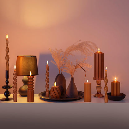 Nuanchu 9 Pcs Modern Decorative Candles Set 5 Pillar Aesthetic Ribbed Candles 4 Spiral Taper Twisted Candlesticks Scented Smokeless Soy Wax for Wedding Holiday Dinner Home Decorations(Brown)