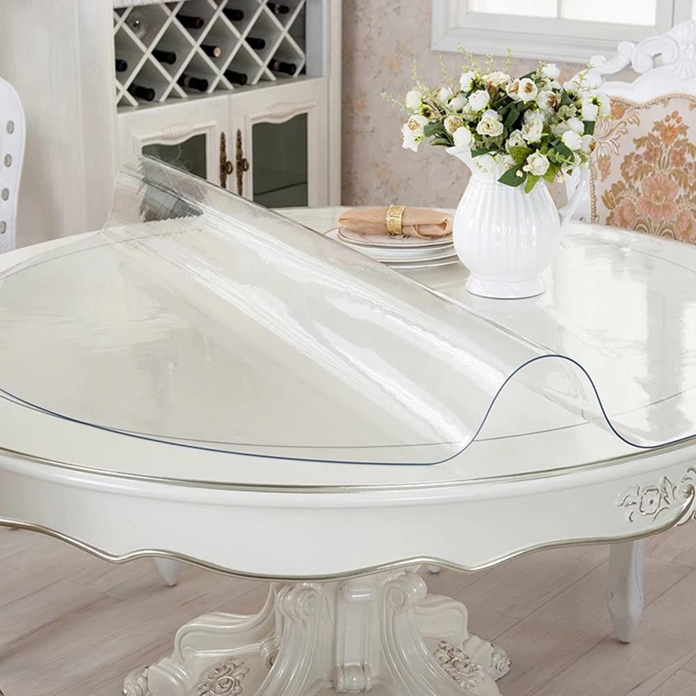 RostiKong 48 Inch Round Clear Table Cover Plastic Vinyl Circle Tablecloths Furniture Desk Table Screen Sheet Liner Runner Protector Waterproof Protective Cocktail Dinner Dresser Table Topper Pad Mat